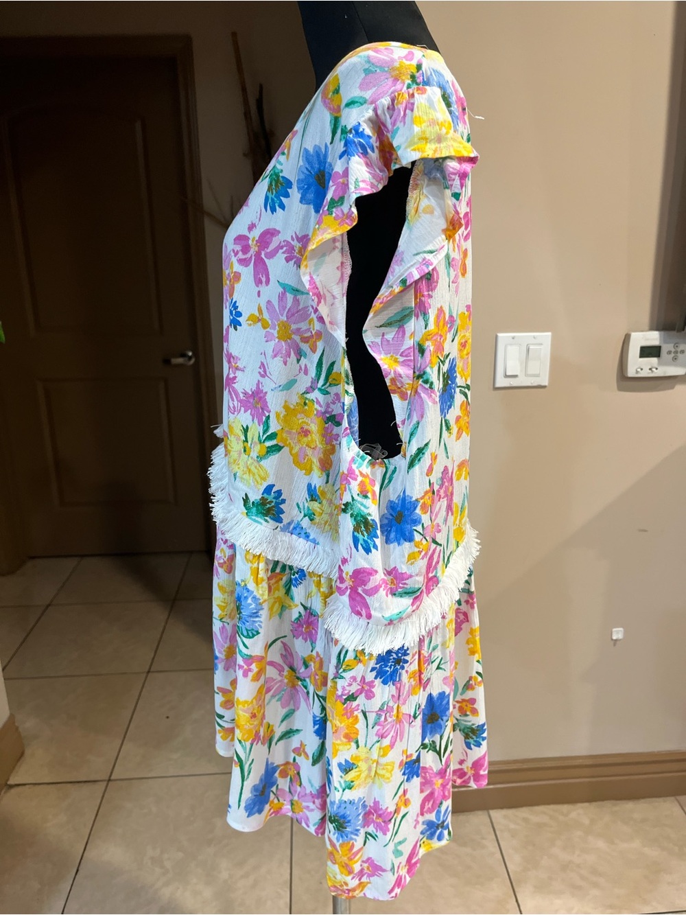 Floral Summer Blouse- White with Pink, Blue & Yellow Flowers - Picture 3 of 6